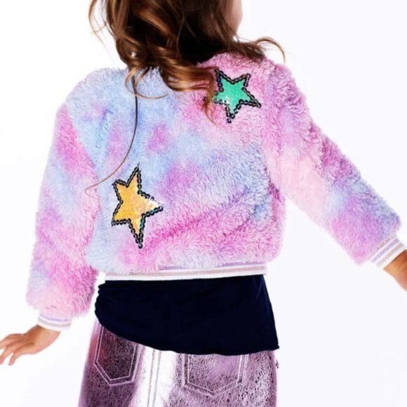 Baby Sara Multi Pink Tie Dye Faux Fur Bomber Jacket w/Star Trim Detail - Picture 3 of 10